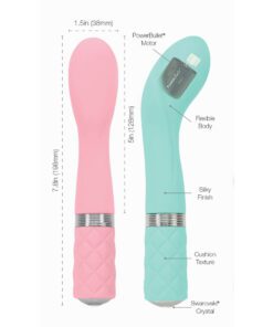 A pink and a teal Pillow Talk Sassy g-spot vibrator showing the dimensions