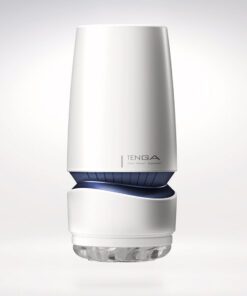 Tenga Aero Cobalt Masterbater standing straight up on a grey background