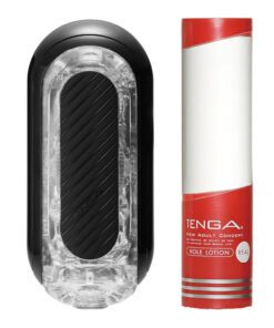 Tenga Flip Zero gravity black next to a bottle of Tenga lotion