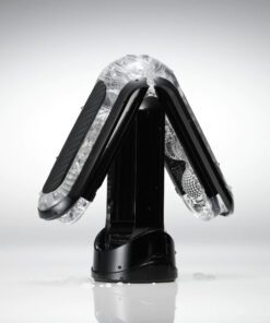 The Tenga Flip Zero Black masturbator opened up on its drying stand