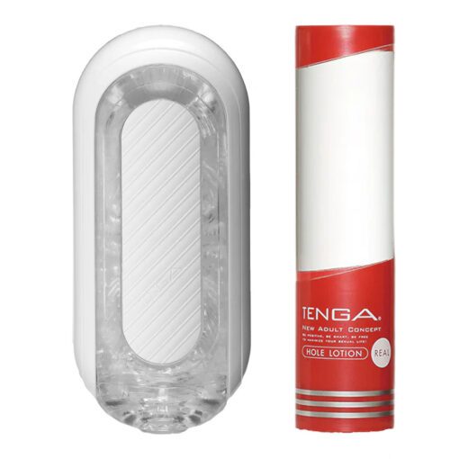 Tenga Flip Zero gravity white next to a bottle of Tenga lotion