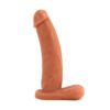 Caramel colored Vixen Bandit dual density,Â  platinum silicone dildo standing straight upÂ on a white background