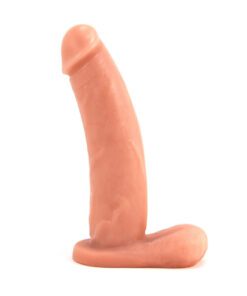 Vanilla colored Vixen Bandit dual density,Â  platinum silicone dildo standing straight upÂ on a white background