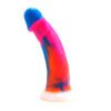 Tie Bright colored Vixen Mustang dual density,Â  platinum silicone dildo for g-spot and prostate massage standing straight up on a white background