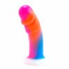 Tie Bright colored Vixen Bandit dual density,Â  platinum silicone dildo standing straight upÂ on a white background