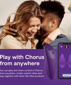 Purple We-Vibe Chorus couples vibrator feature guide with text stating that the smart phone app allows you to control the product from anywhere