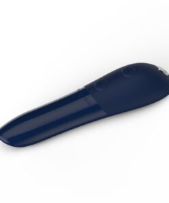 Closeup of a blue colored We-Vibe Tango X bullet vibrator charging cable facing left