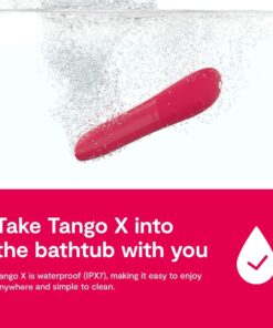 Cherry Red colored We-Vibe Tango X bullet vibrator being dropped in water with text saying Take Tango X into the bathtub with you