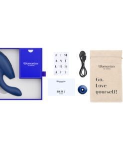 Product contents inside the box of the Womanizer Duo Vibrator in Blue