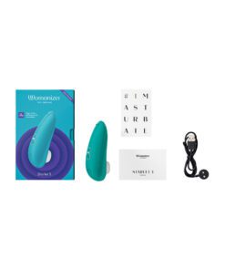 All of the box contents of the TurquoiseÂ Womanizer Starlet 3Â Air Pulse Vibrator