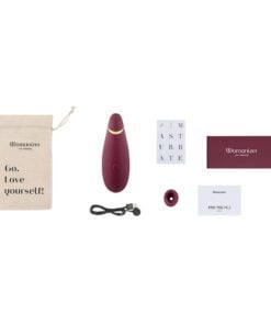 All of the box contents of the Bordeaux Womanizer Premium 2 Air Pulse Vibrator